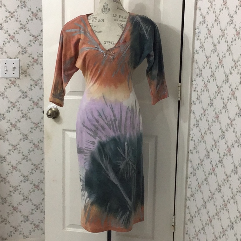 Vintage 80s Hand-Painted Maxi Dress w/ Shoulder Pads | Small | NWT